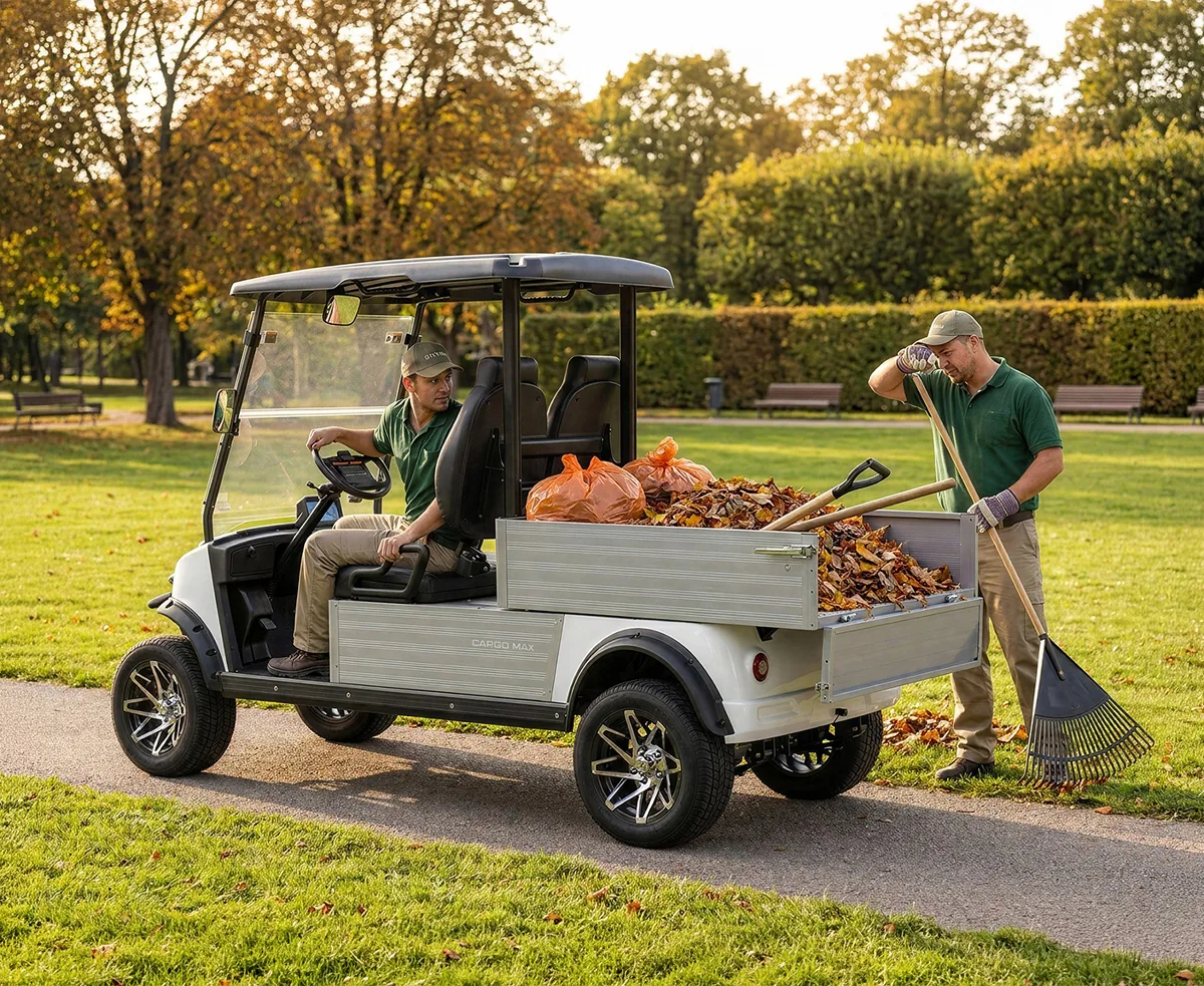 Grounds crew hauling leaves with a Massimo utility vehicle