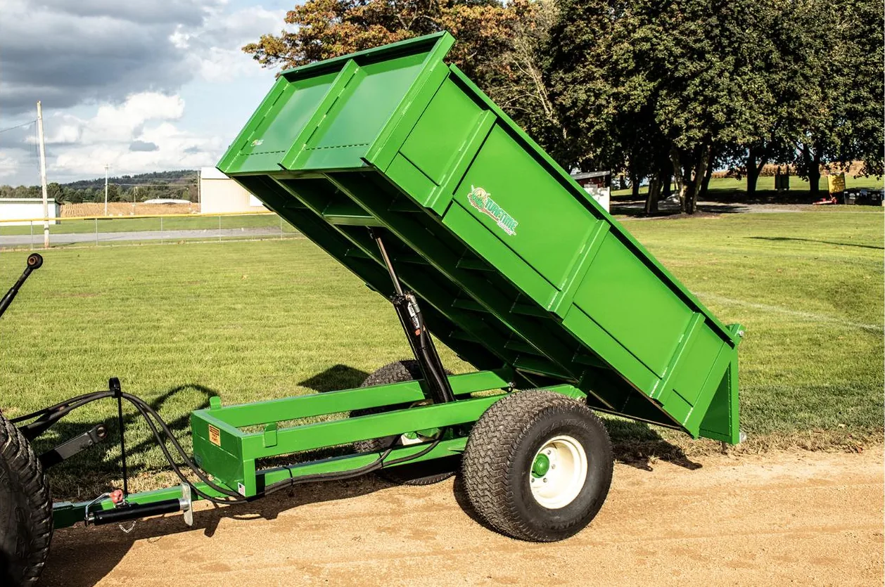 Turf Time DT-6 medium-duty dump trailer with the bed raised